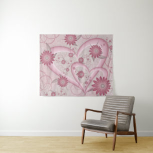 Pink Abstract Hearts & Flowers Love Fractal Art Tapestry