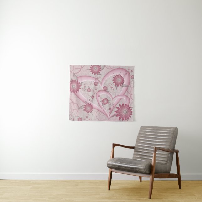 Pink Abstract Hearts & Flowers Love Fractal Art Tapestry (In Situ (Horizontal))
