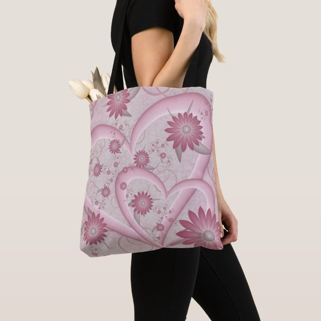 Pink Abstract Hearts & Flowers Love Fractal Art Tote Bag (Close Up)