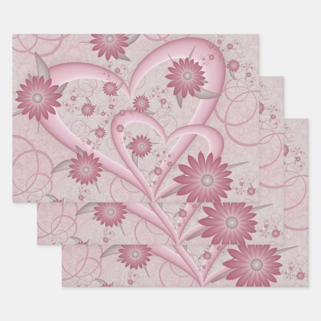 Pink Abstract Hearts & Flowers Love Fractal Art Wrapping Paper Sheet (Set)