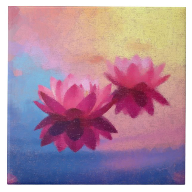 Pink Abstract Lotus Flowers Ceramic Tile (Front)