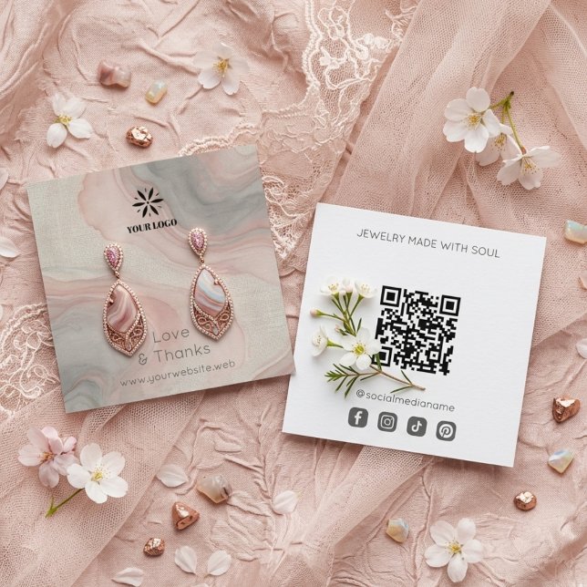 Pink Abstract Pattern Jewellery Display Logo TMF26 Square Business Card (Chic Pink and Grey Abstract Pattern Jewelry Display Card, featuring a Faux Fluid Marble.)