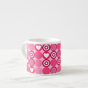 Pink abstract pattern with dots, flowers, hearts espresso cup