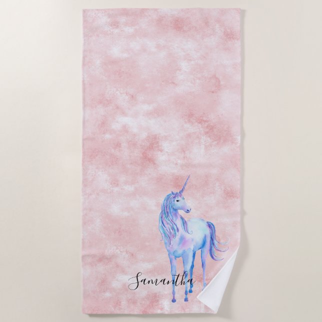 Pink Abstract Purple Unicorn Beach Towel (Front)