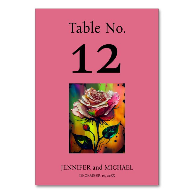 Pink Abstract Roses Wedding Table Number (Front)