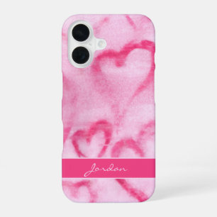 Pink Abstract Watercolor Hearts w/ Name Girly iPhone 16 Case