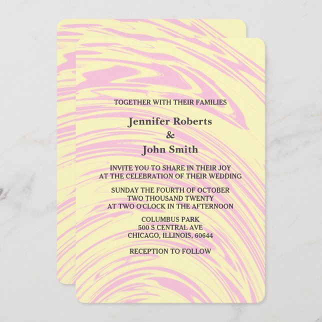 Pink Abstract Waves Yellow Ivory Beige Wedding Invitation (Front/Back)