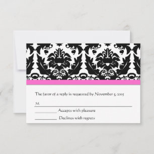 Pink Accent Black and White Damask RSVP Card
