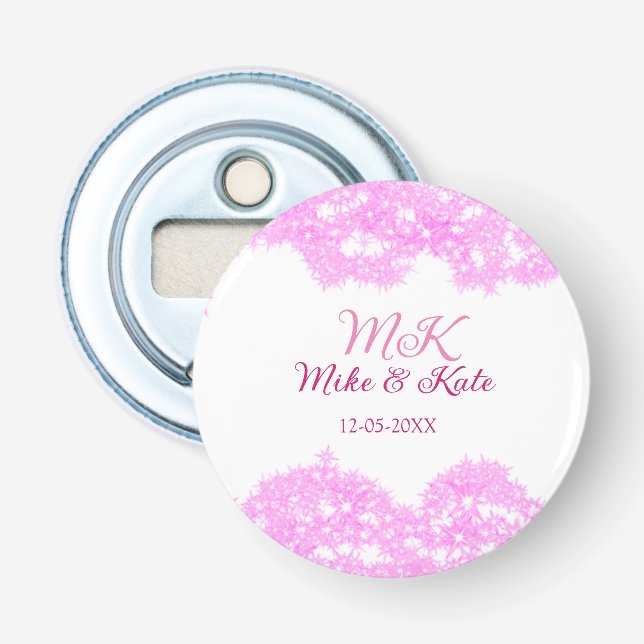 Pink add couple name date monogram glitter sparkle bottle opener (Front)