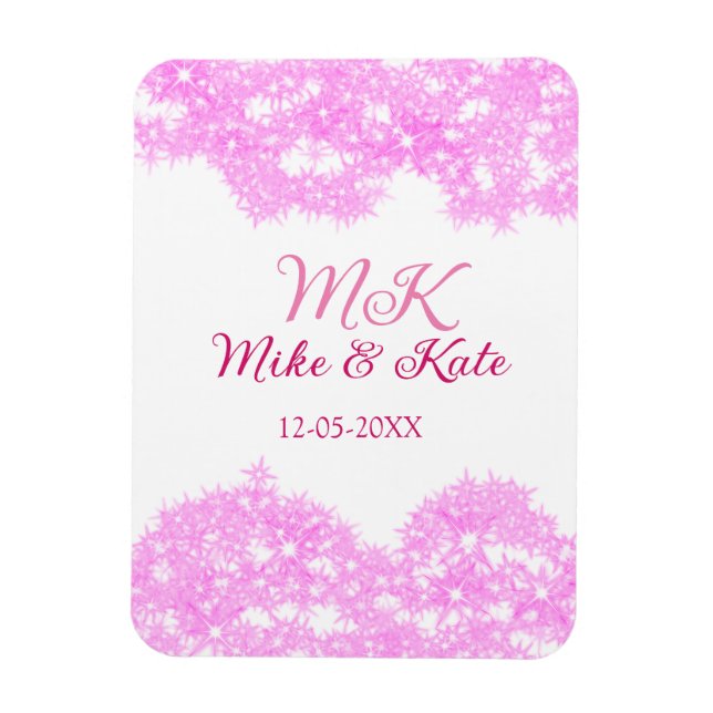 Pink add couple name date monogram glitter sparkle magnet (Vertical)