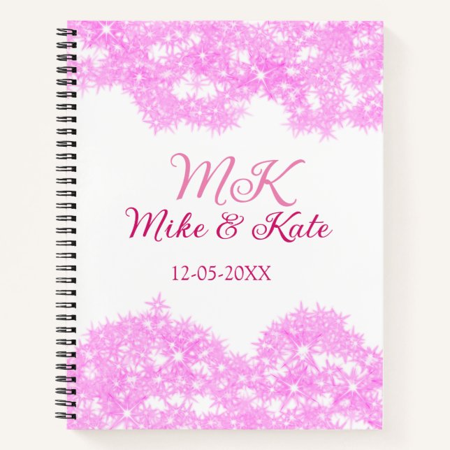 Pink add couple name date monogram glitter sparkle notebook (Front)