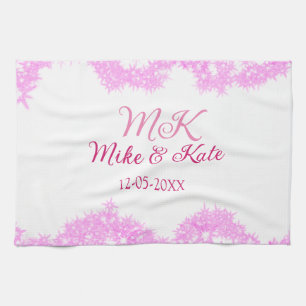 Pink add couple name date monogram glitter sparkle tea towel