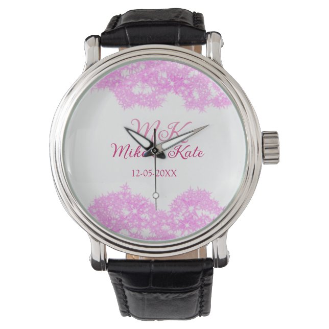 Pink add couple name date monogram glitter sparkle watch (Front)