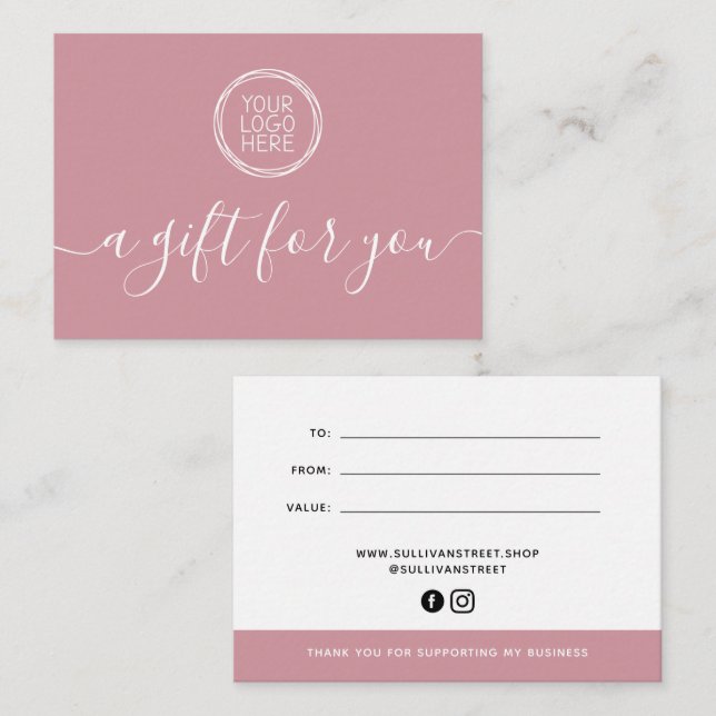 Pink Add Your Logo Minimalist Gift Certificate Card (Front/Back)