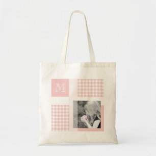 Pink Add Your Photo Gingham Modern Monogram Tote Bag