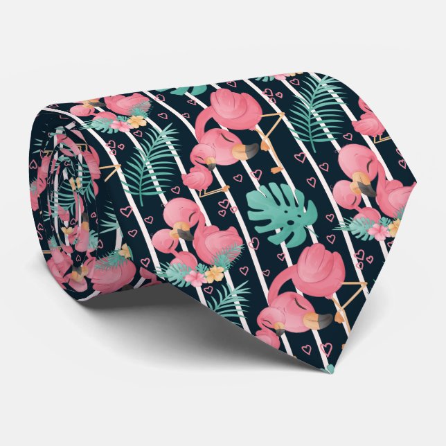Pink Adult and Baby Flamingos Green Leaves Tie (Rolled)