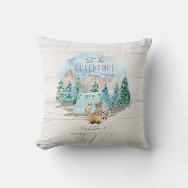 Pink Adventure Begin Rustic Birth Stats Baby Girl Cushion (Front)