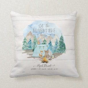 Pink Adventure Begin Rustic Birth Stats Baby Girl Cushion