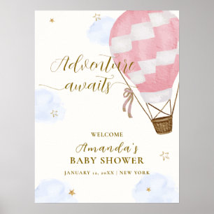 Pink Adventure Hot Air Balloon Baby Shower Welcome Poster
