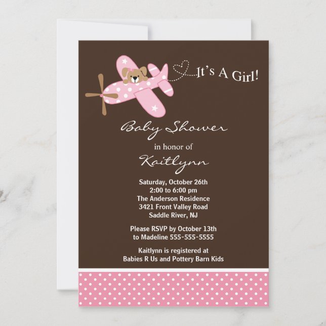 Pink Aeroplane Baby Shower Invitation (Front)