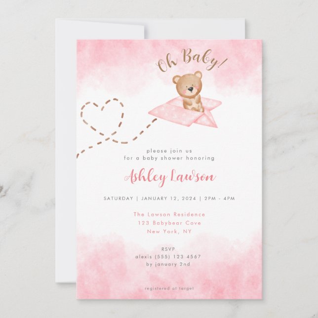 Pink Aeroplane Bear Baby Shower Invitation (Front)