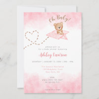 Pink Aeroplane Bear Baby Shower Invitation