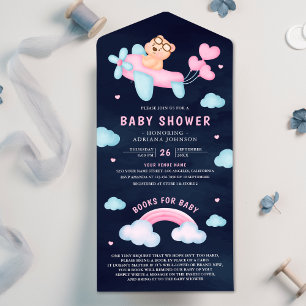 Pink Aeroplane Girl Teddy Bear Navy Baby Shower All In One Invitation