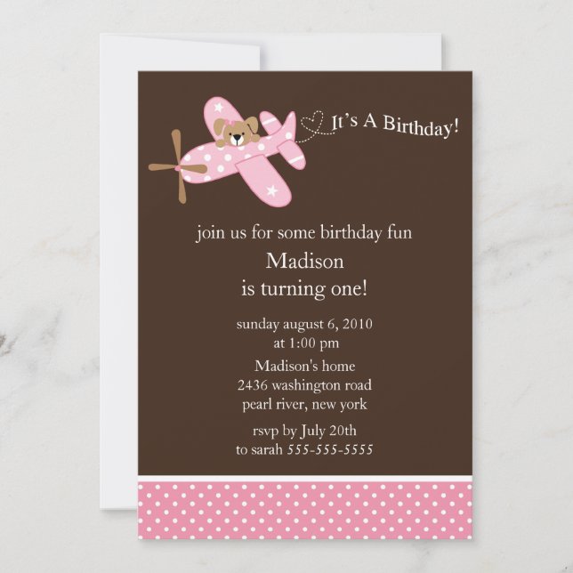 Pink Aeroplane Girl's Birthday Invitation (Front)