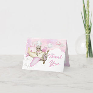 Pink Aeroplane Teddy Bear Girl Thank You Card