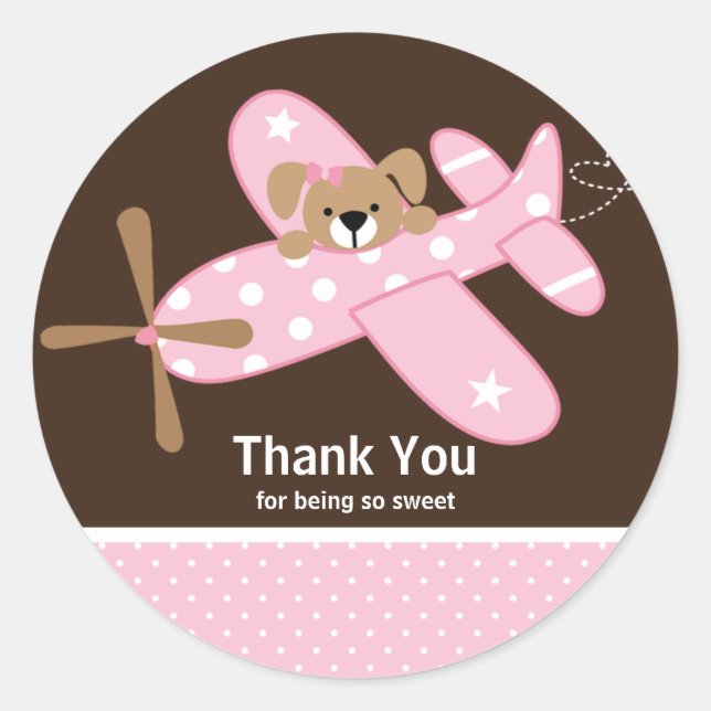 Pink Aeroplane Thank You Baby Shower Sticker (Front)