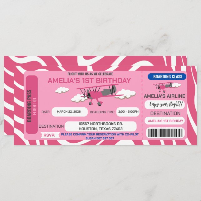 Pink Aeroplane Ticket Birthday Party Invitation (Front/Back)