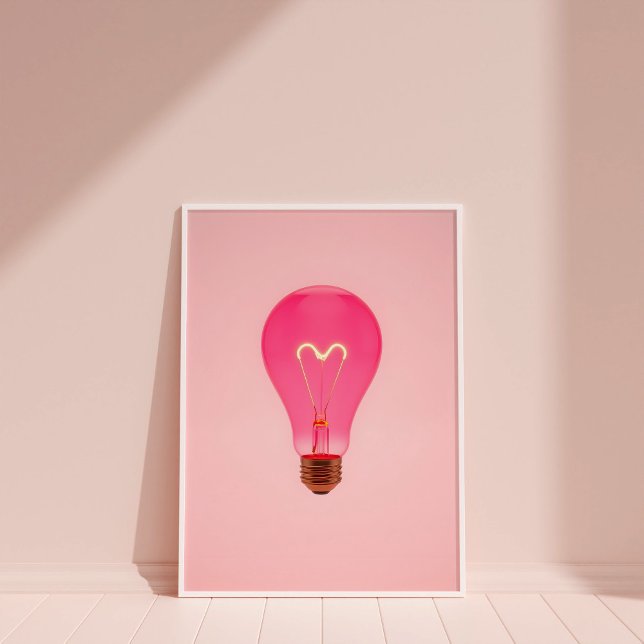 Pink Aesthetic Light Bulb With Heart Filament  Poster (Heart Lightbulb Wall Art - Pink Aesthetic)