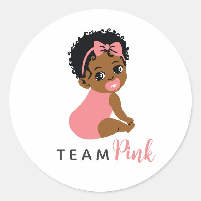 Pink African American Baby Girl Gender Reveal Classic Round Sticker (Front)