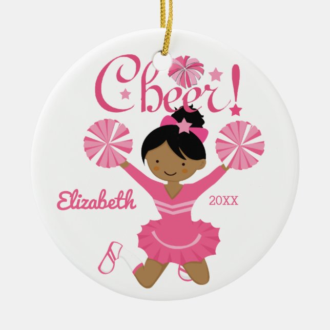 Pink African American Cheerleader Ornament (Front)
