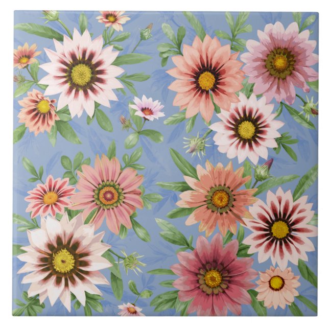 Pink African Gazania Daisies Floral Botanical Art Ceramic Tile (Front)