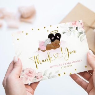 Pink Afro Angel Baby Heaven Sent Baby Shower Thank You Card