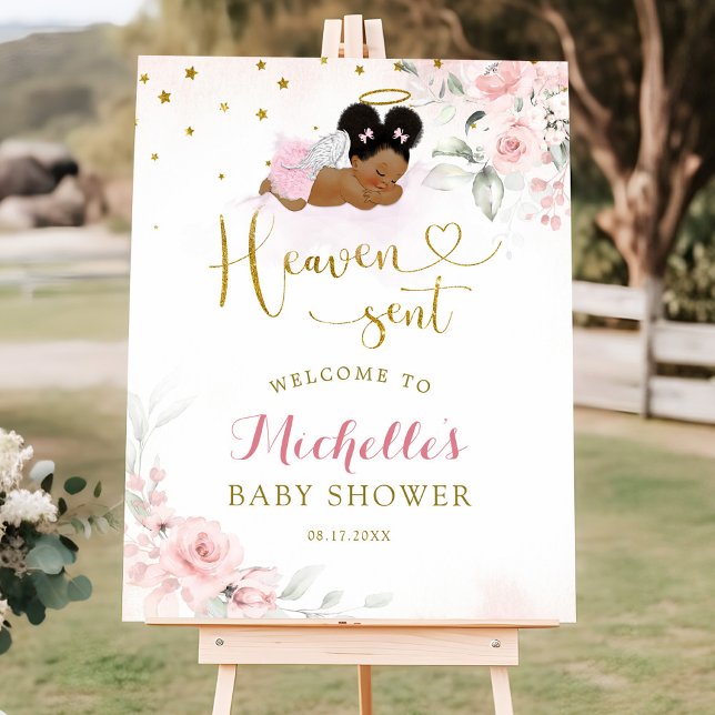 Pink Afro Angel Baby Heaven Sent Welcome Sign (Creator Uploaded)