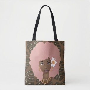 Pink Afro, Flower in Hair, Tropical Leaves Pattern Tote Bag