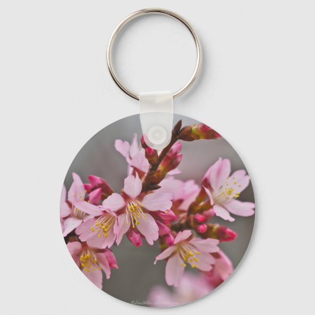 Pink Against A Grey Sky Japanese Cherry Blossoms Key Ring (Front)