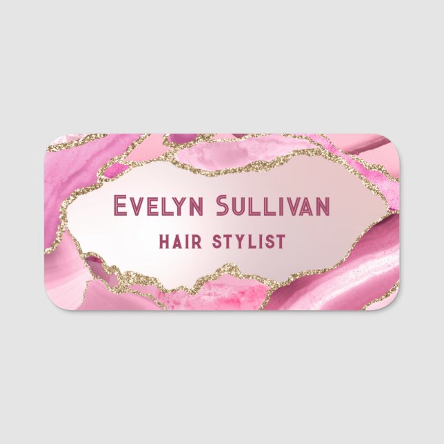 Pink agate faux foil name tag (Front)