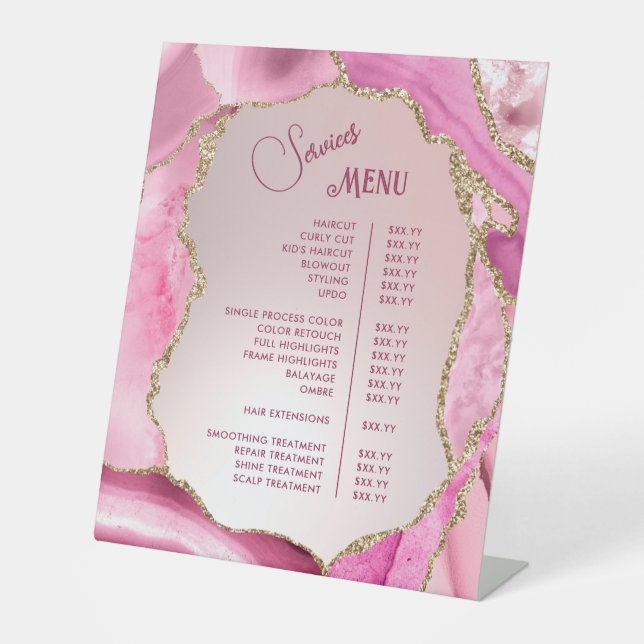 Pink Agate Faux Foil Services Menu Pedestal Sign (Front)