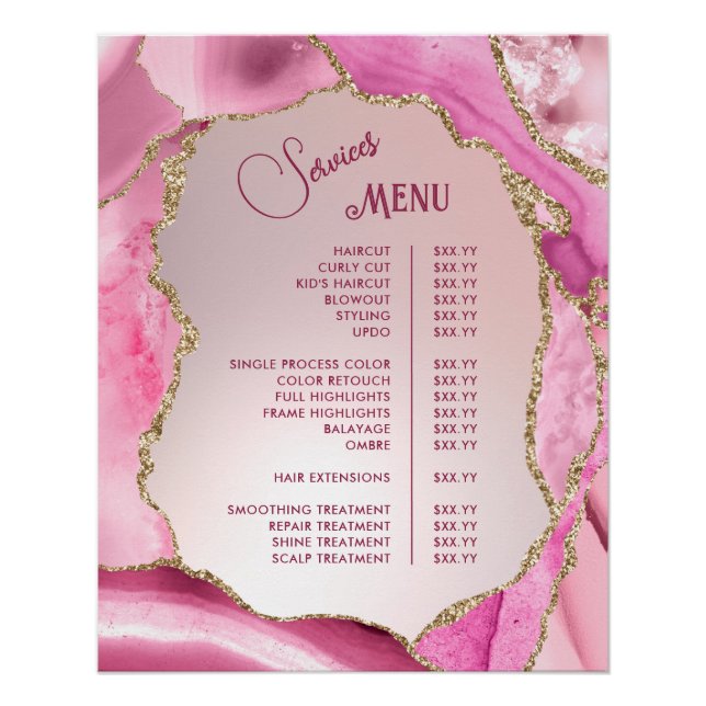 Pink Agate Faux Foil Services Menu Poster (Front)