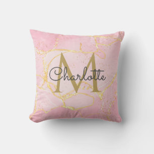 Pink Agate Geode Gold Monogram Elegant Script Cushion