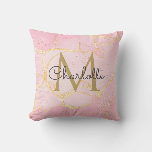 Pink Agate Geode Gold Monogram Elegant Script  Cushion (Front)