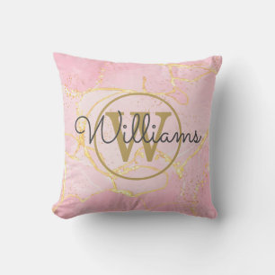 Pink Agate Geode Gold Monogram Name Cushion