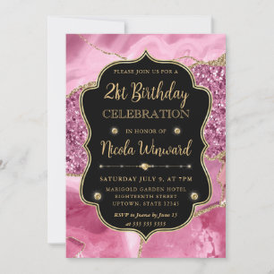 Pink Agate Geode Slices and Gold Glitter Birthday Invitation