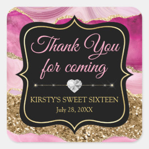 Pink Agate Geode Slices and Gold Glitter Sweet 16 Square Sticker