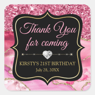 Pink Agate Geode Slices & Gold Glitter Birthday Square Sticker