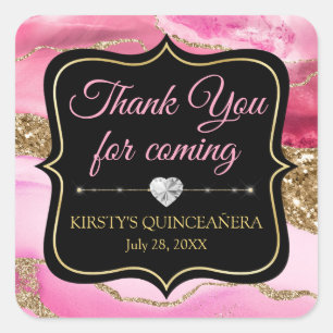 Pink Agate Geode Slices & Gold Glitter Quinceañera Square Sticker