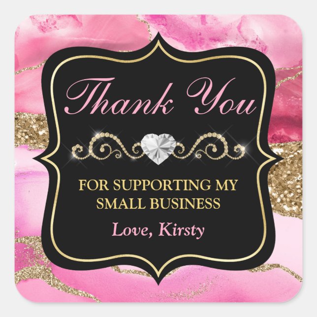 Pink Agate Geode Slices & Gold Small Business Square Sticker (Front)